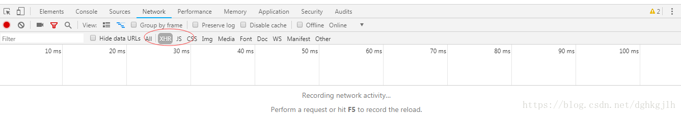XHR request type filter in the Chrome Network panel