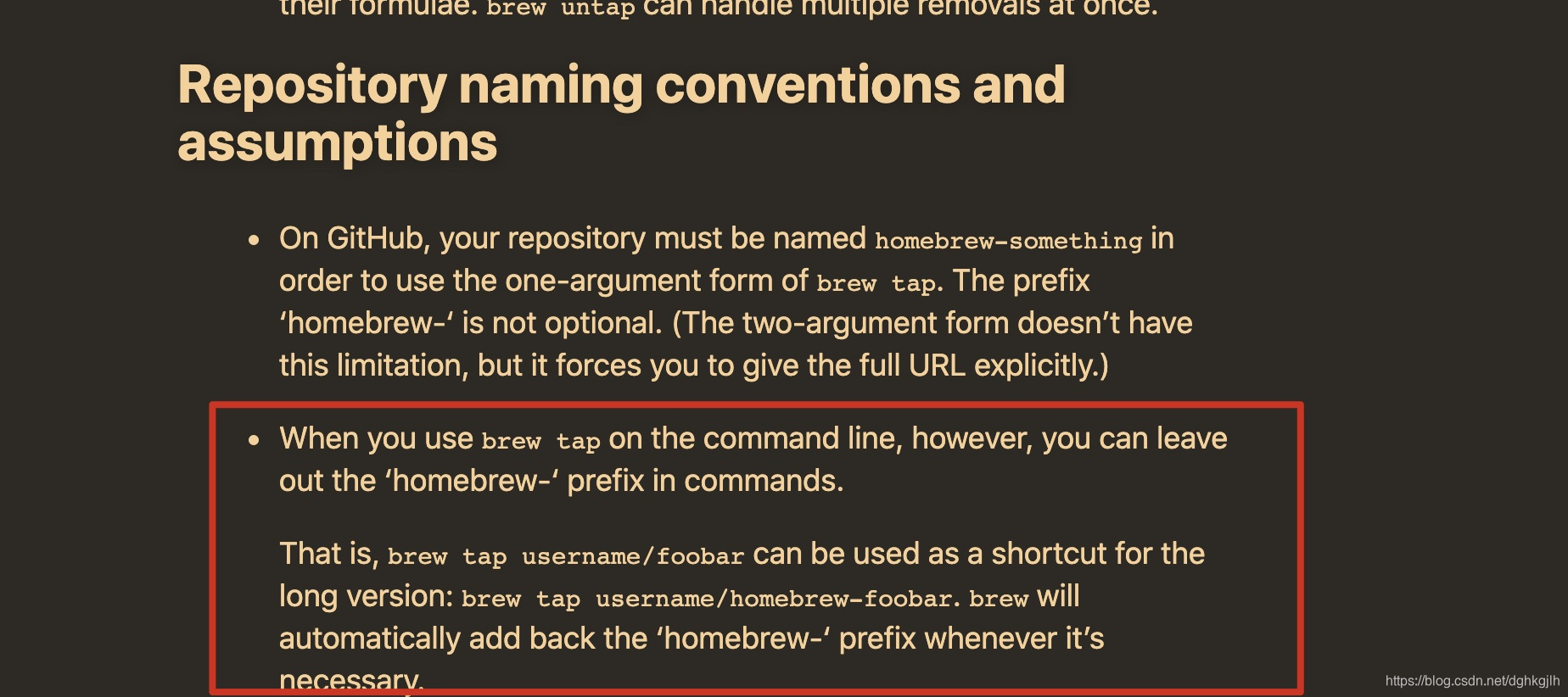 Homebrew 文档说明 brew tap 命令会自动补全 homebrew- 前缀