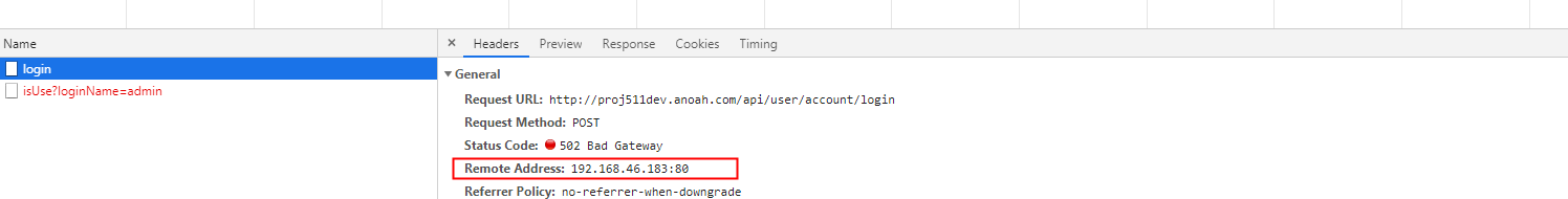 Browser network panel showing the remote IP address used to diagnose a DNS resolution error
