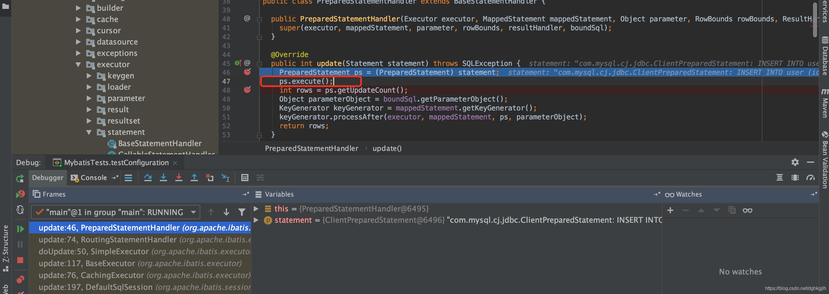 PreparedStatementHandler.update 调用 PreparedStatement.execute 执行 SQL