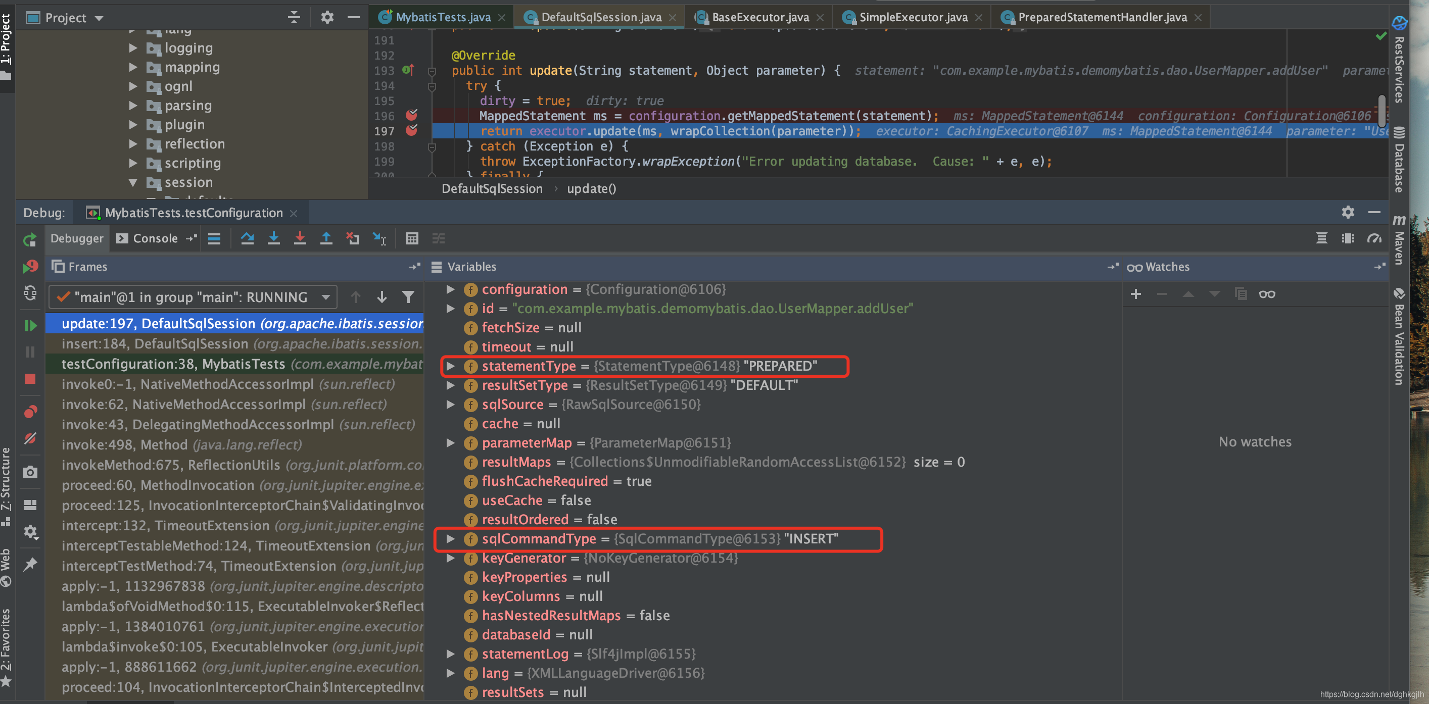 DefaultSqlSession.update 从 Configuration 获取 MappedStatement 并交给 Executor