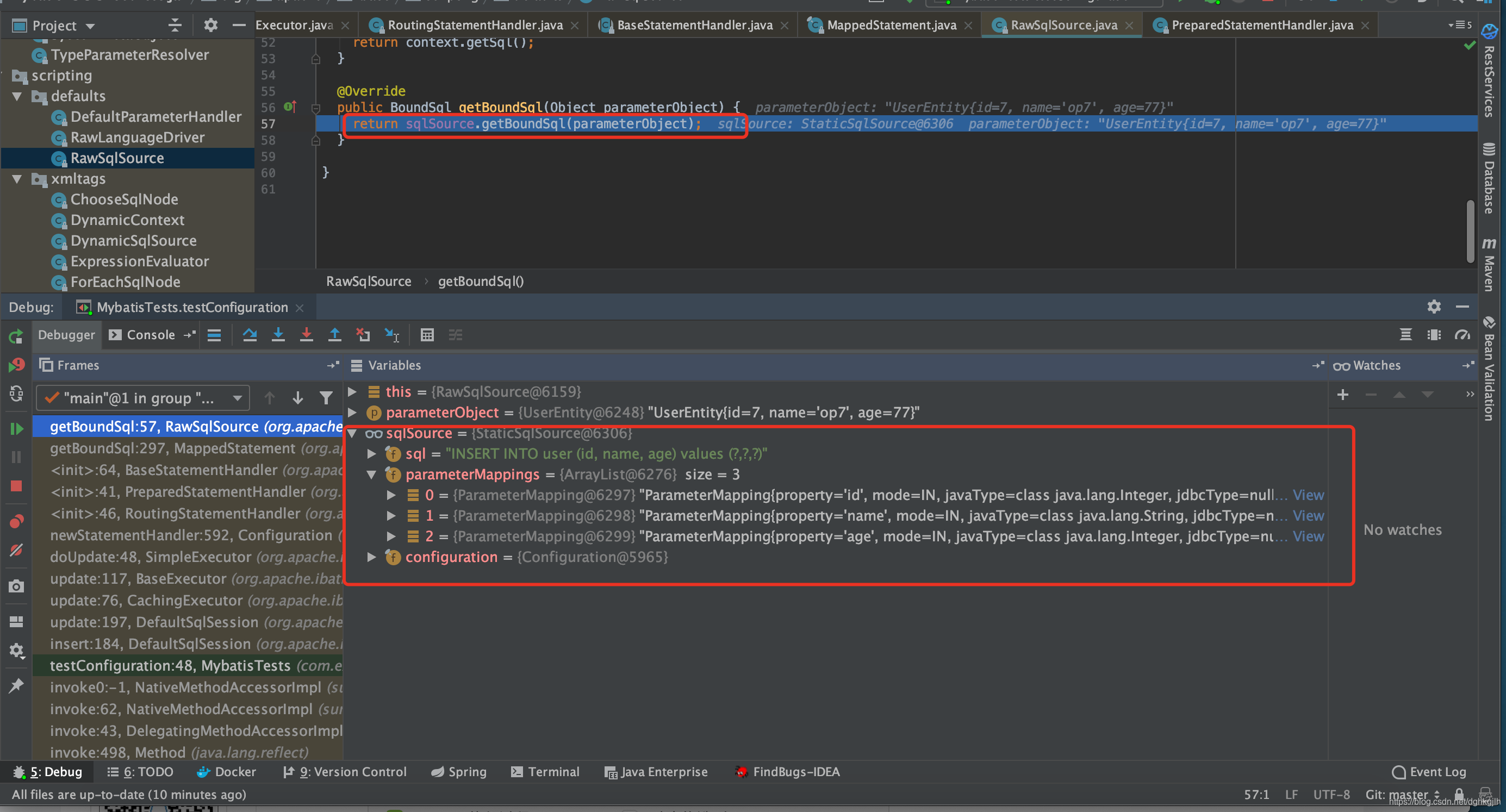 MappedStatement 通过 SqlSource 获取 BoundSql，调试窗口展示参数映射