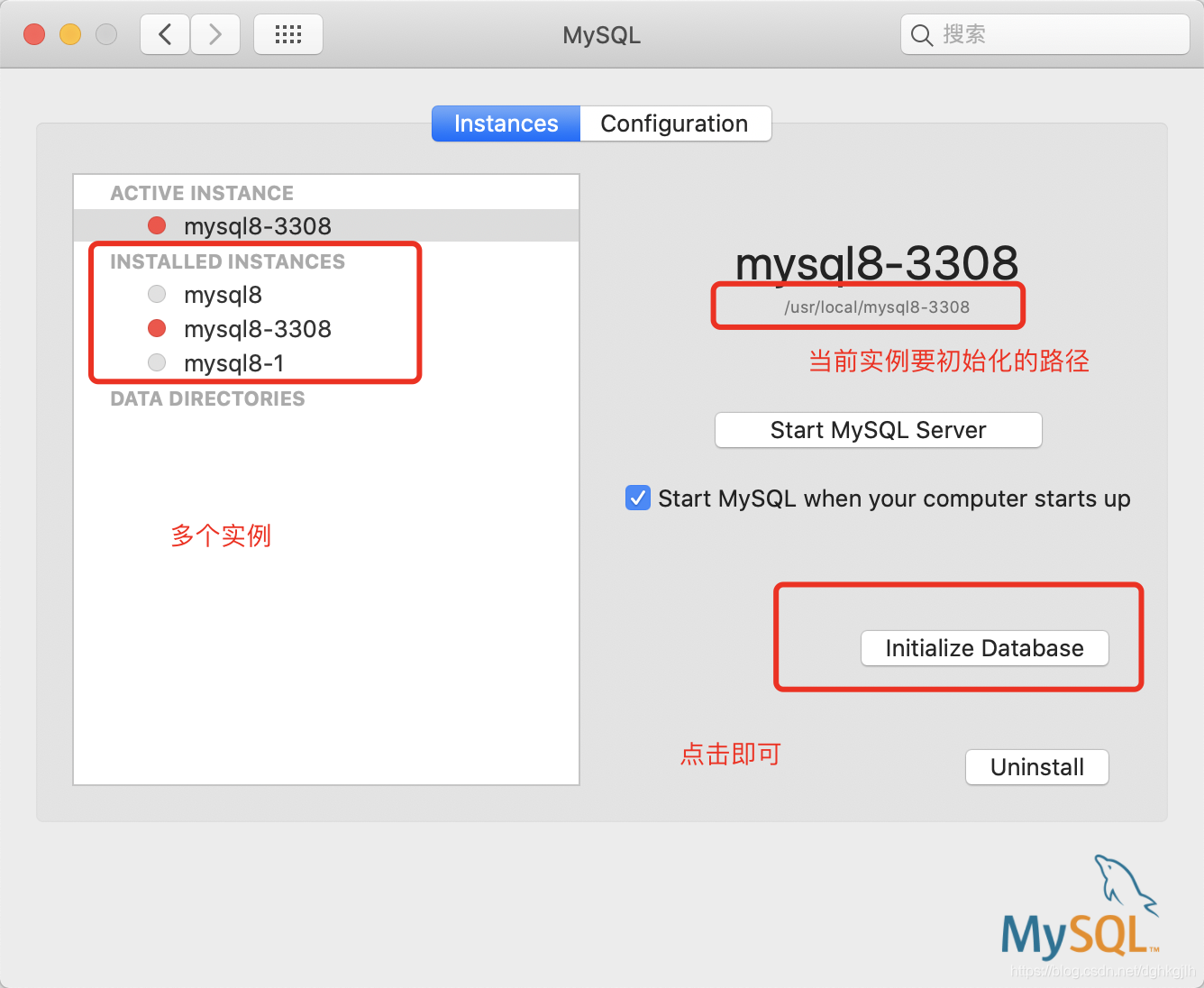 macOS MySQL 8 settings showing the mysql8-3308 instance and Initialize Database button