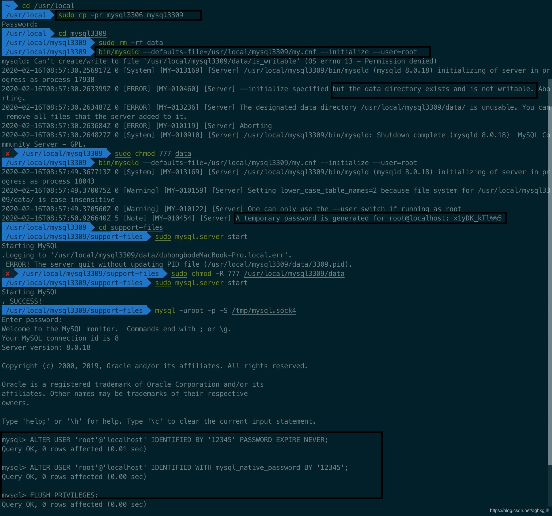Terminal commands initializing, starting, and connecting to multiple MySQL instances