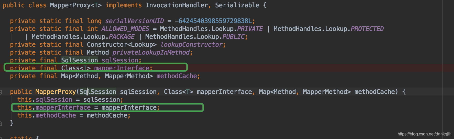 MapperProxy 构造方法接收 SqlSession、mapperInterface 和 methodCache