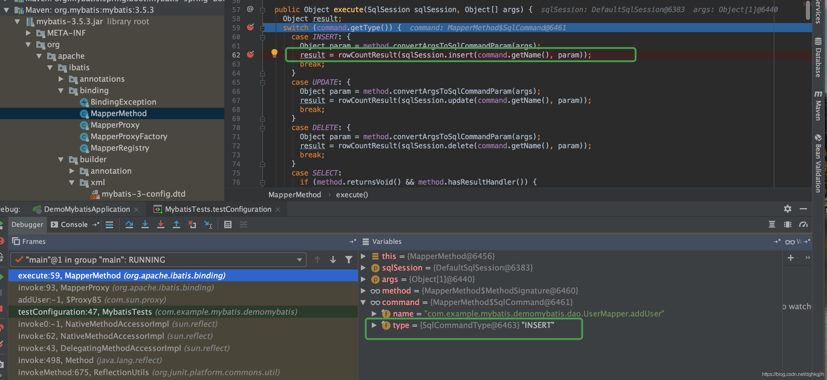 MapperMethod.execute 按 SQL 命令类型调用 SqlSession.insert 等方法