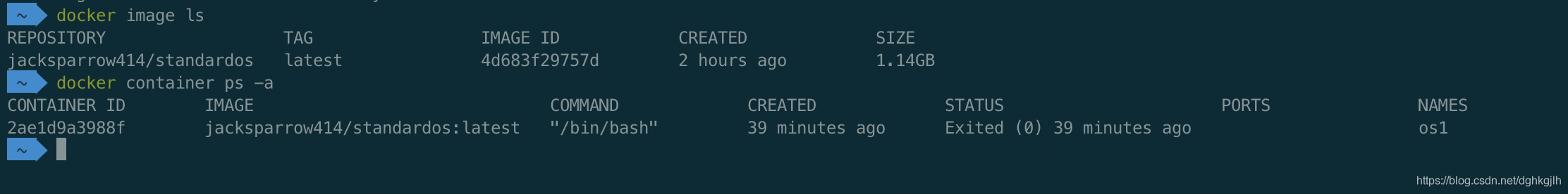 Docker 镜像列表显示 CentOS 镜像大小约为 1.14 GB