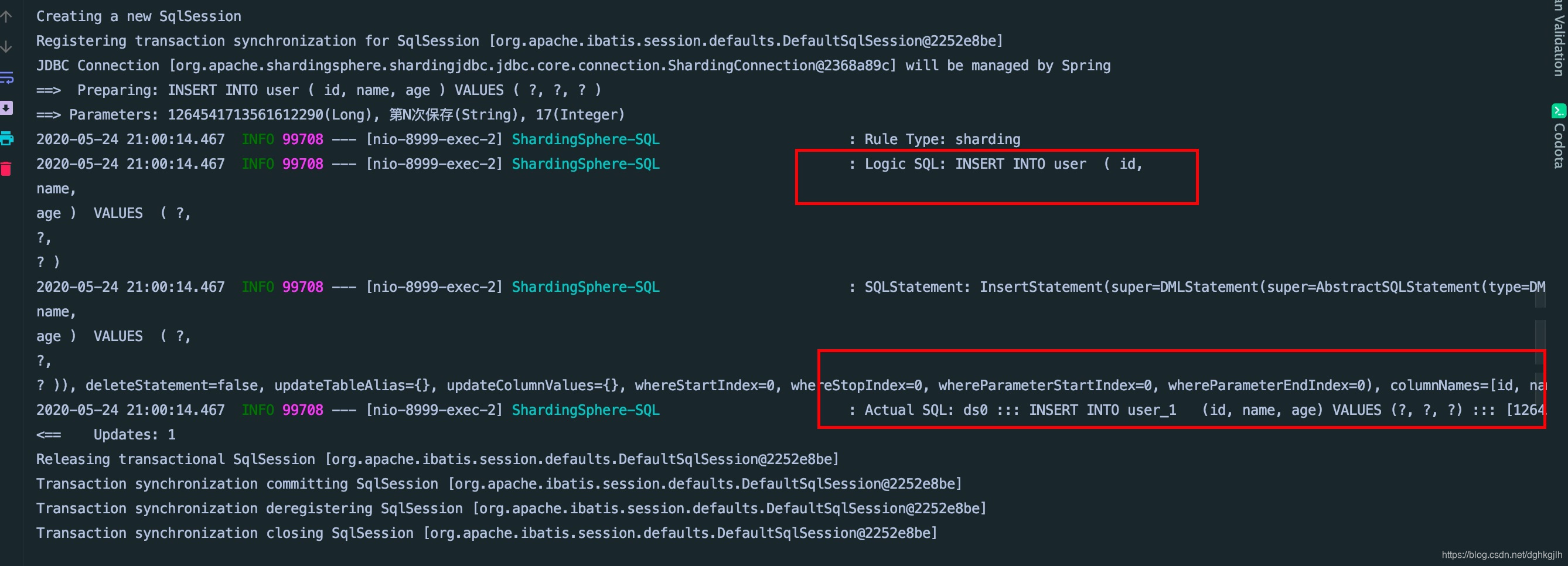 ShardingSphere SQL 日志显示 INSERT 路由到 ds0.user_1