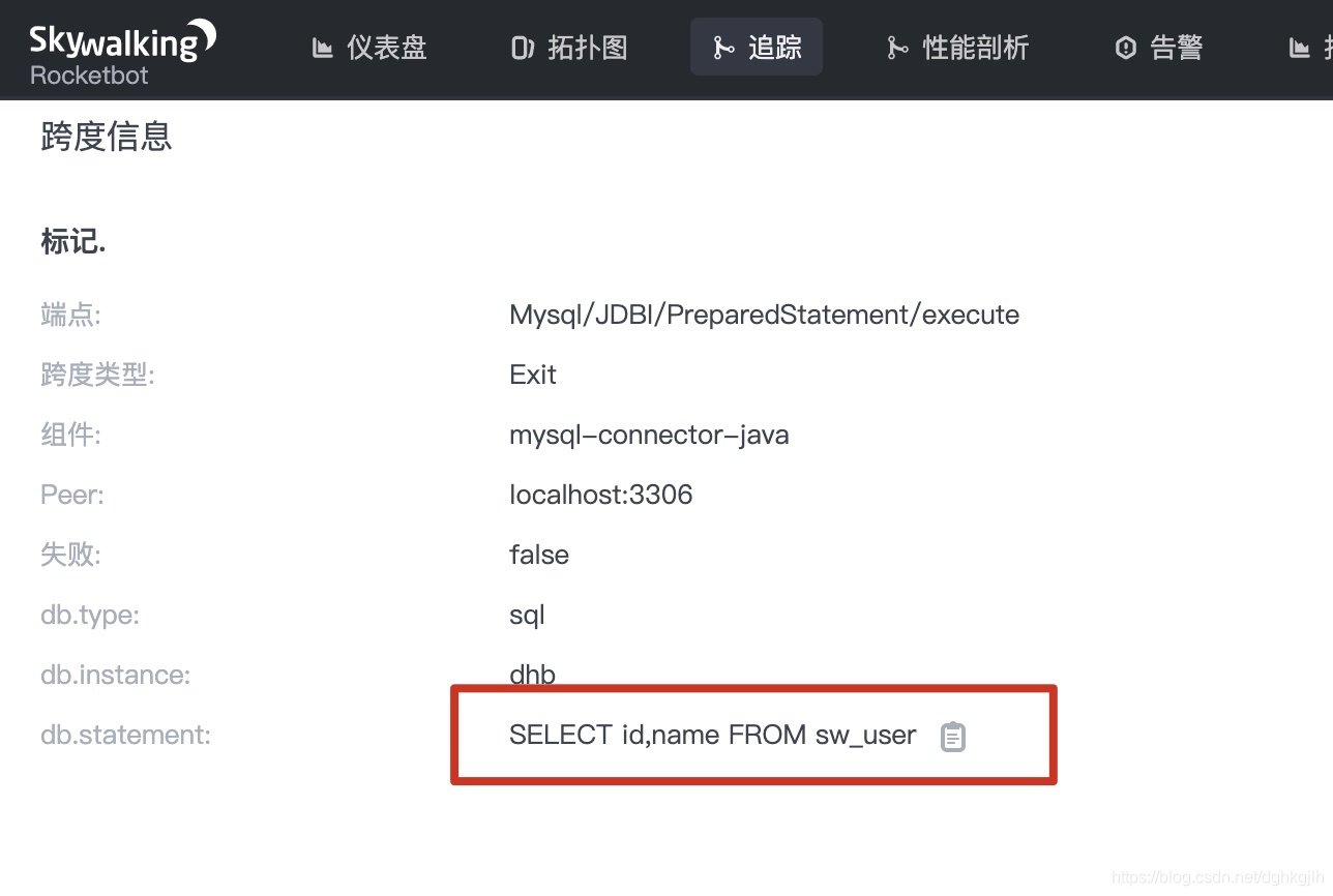 SkyWalking JDBC span details showing SELECT id,name FROM sw_user