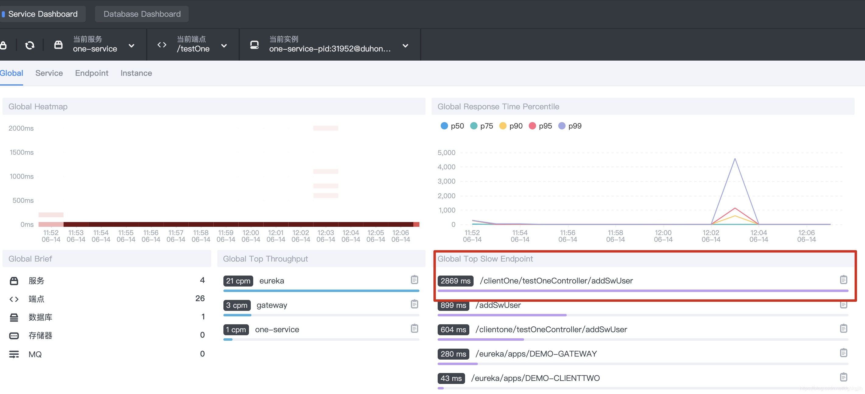 Performance metrics and instance list for one-service in SkyWalking