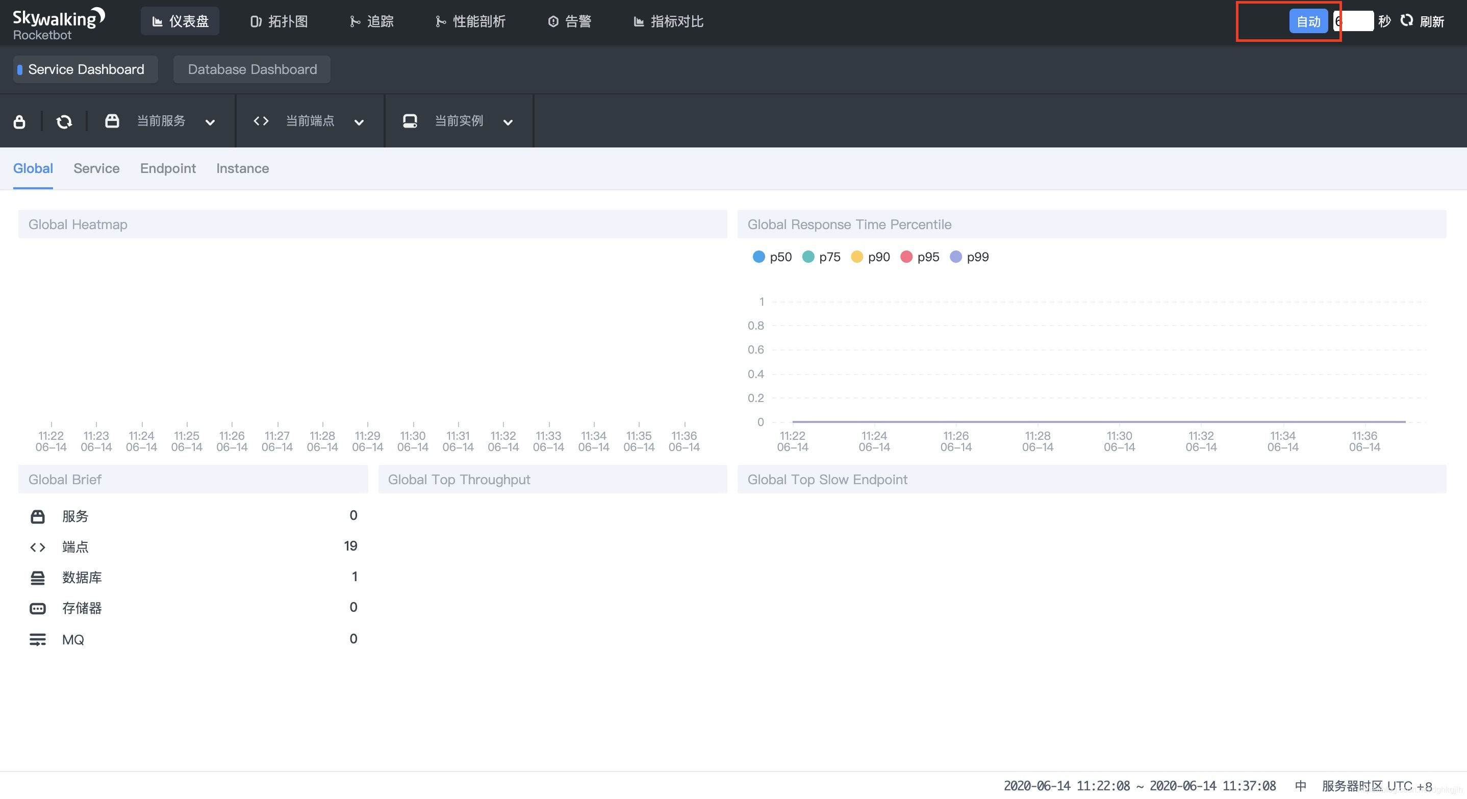 SkyWalking initial dashboard with automatic refresh and time filter controls