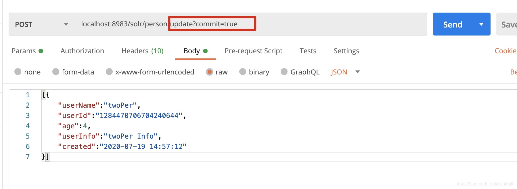 Postman 向 Solr update 接口提交 JSON 数组并插入文档