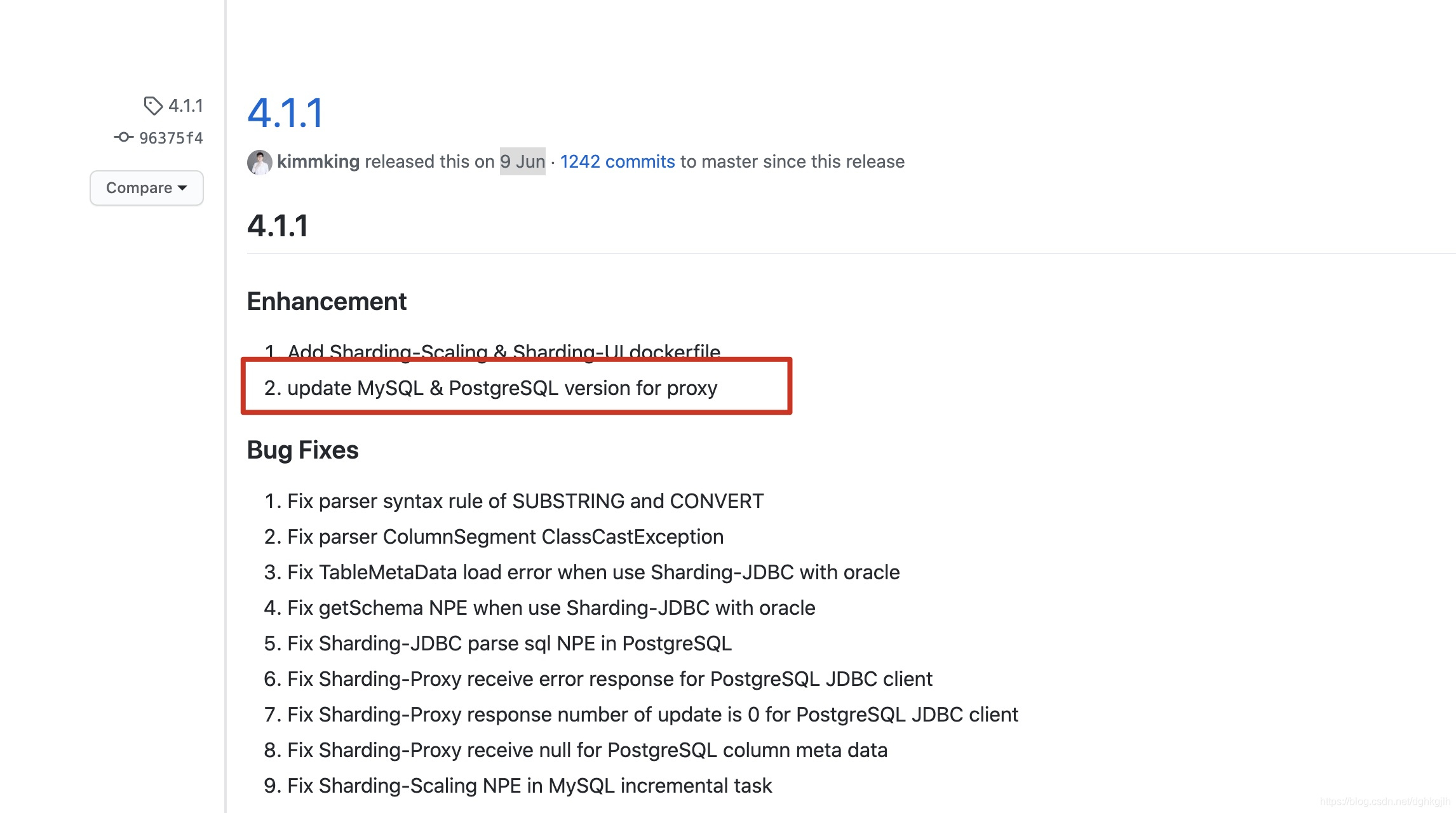 ShardingSphere 4.1.1 发布说明中标出的代理数据库版本更新