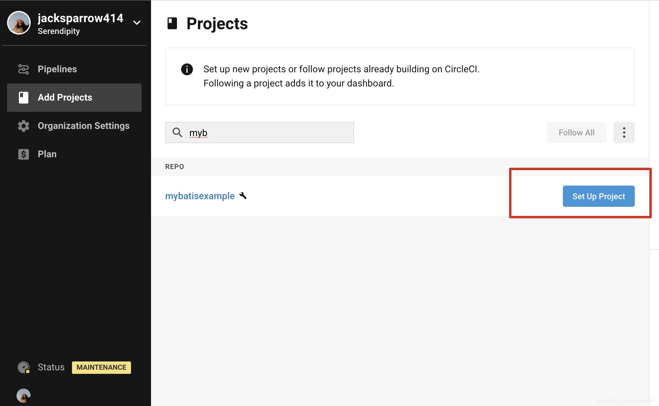 Set Up Project button on the CircleCI Projects page