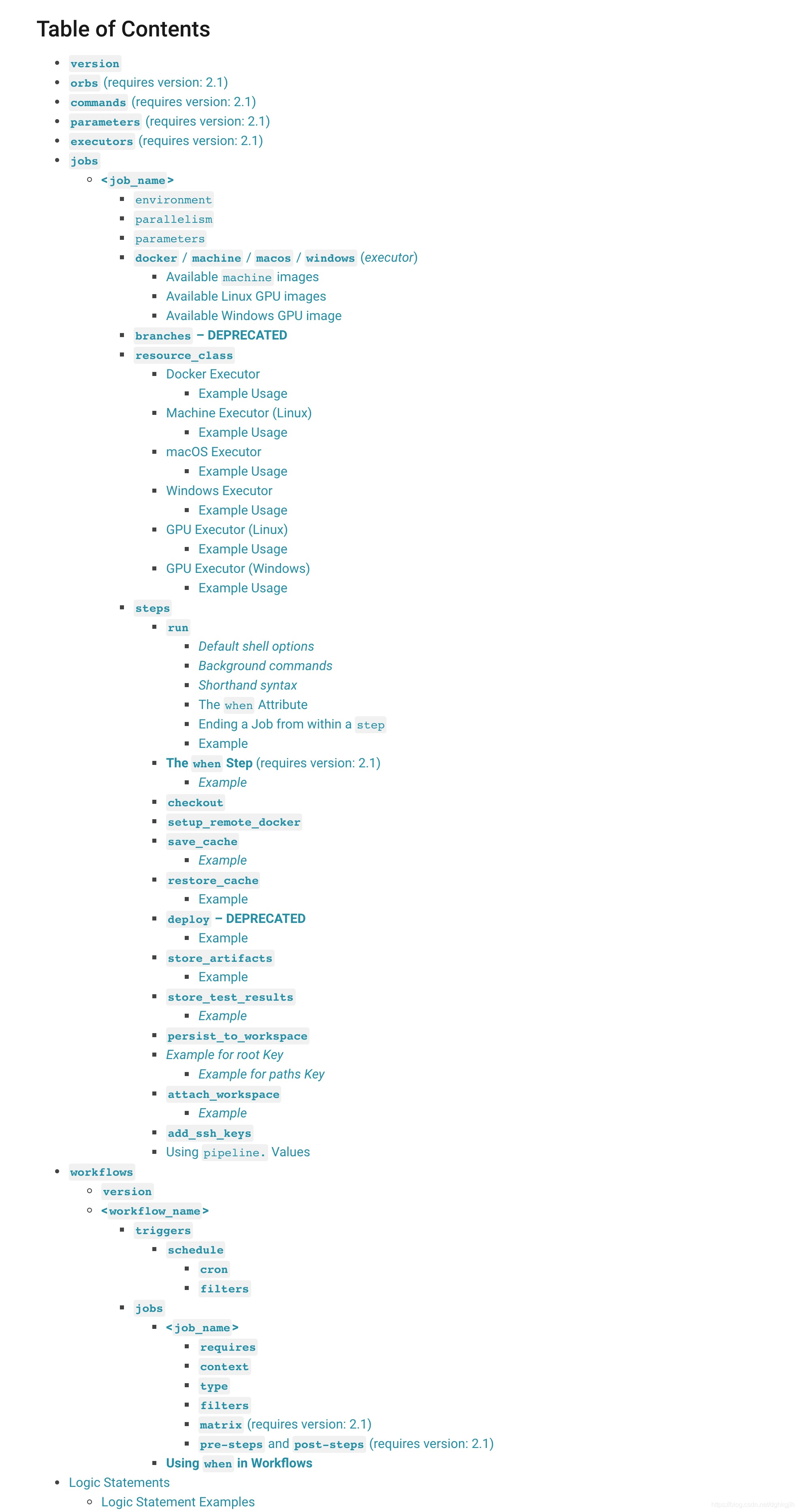 CircleCI configuration documentation showing the overall config.yml structure