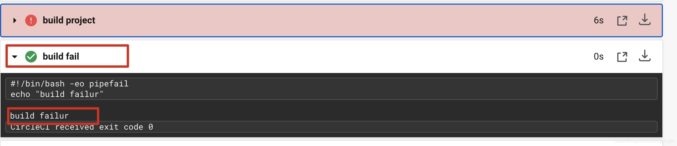 CircleCI running the configured failure handler after a build fails
