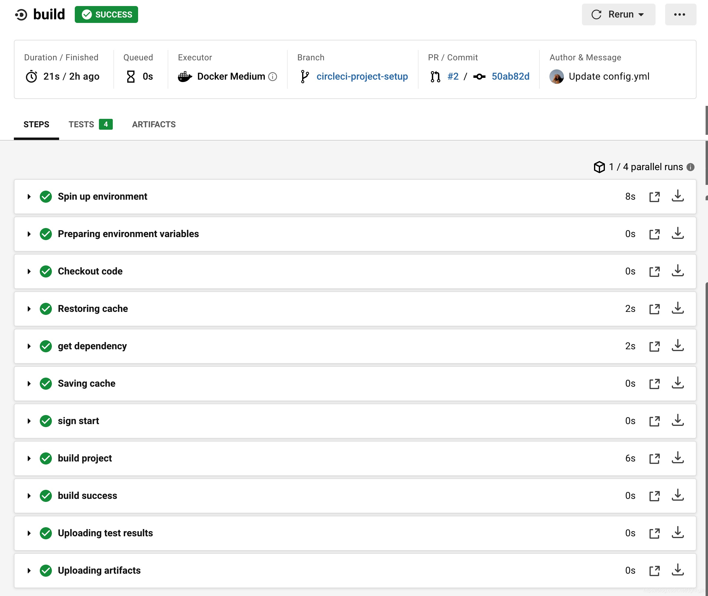 CircleCI job details showing the Docker environment and execution steps