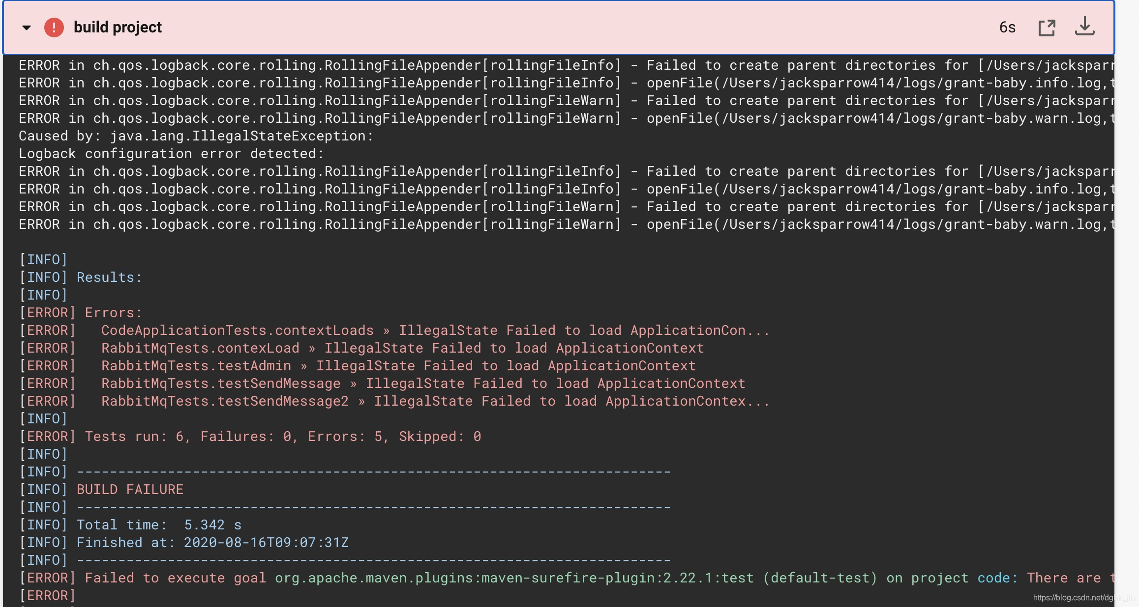 Maven error logs in a failed CircleCI build step