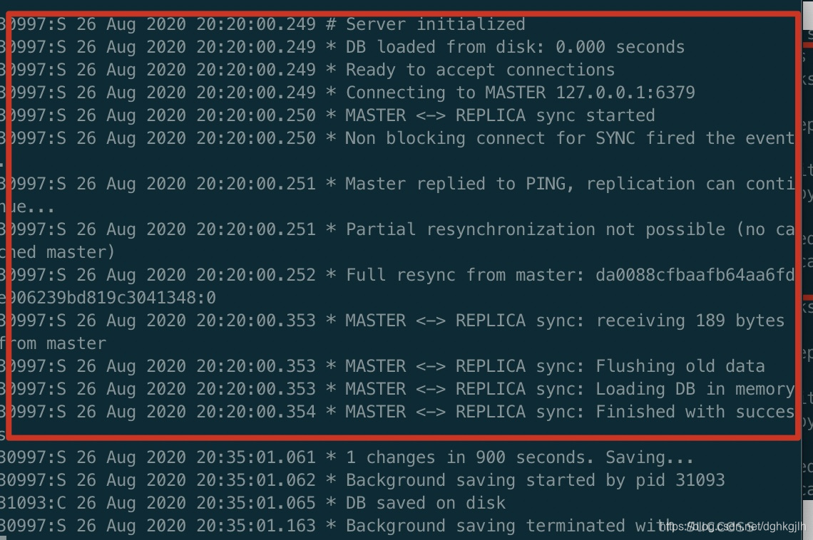 Redis replica logs showing connection to the master, RDB receipt, and loading