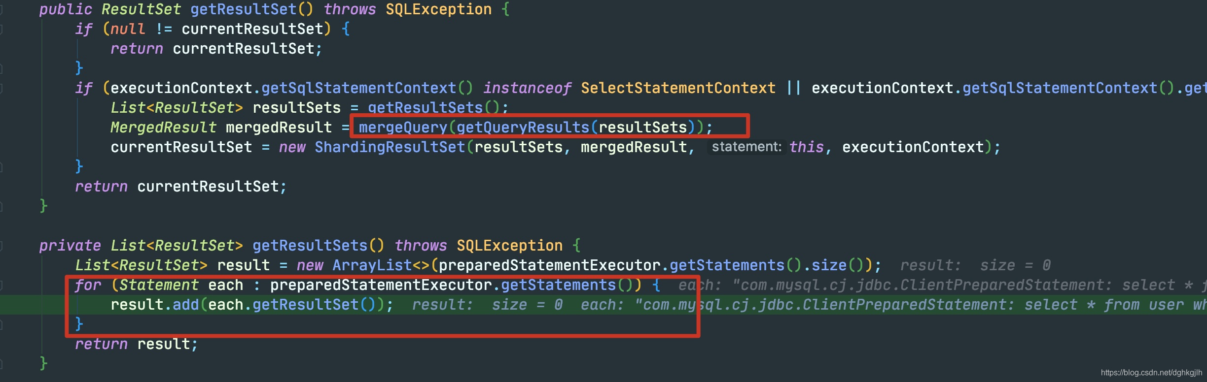ShardingPreparedStatement.getResultSet retrieving and merging actual query results