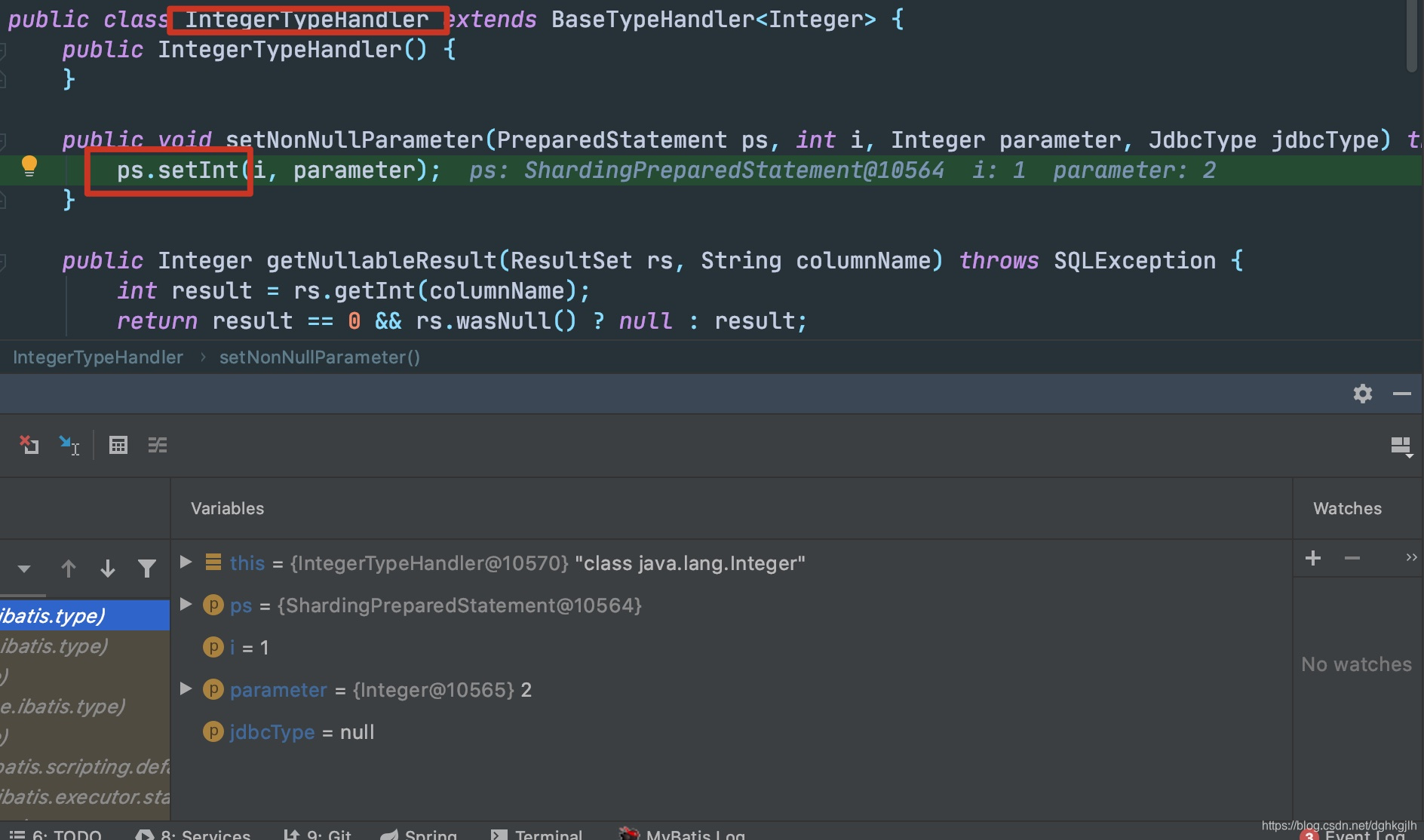 Debugging IntegerTypeHandler calling ShardingPreparedStatement.setInt
