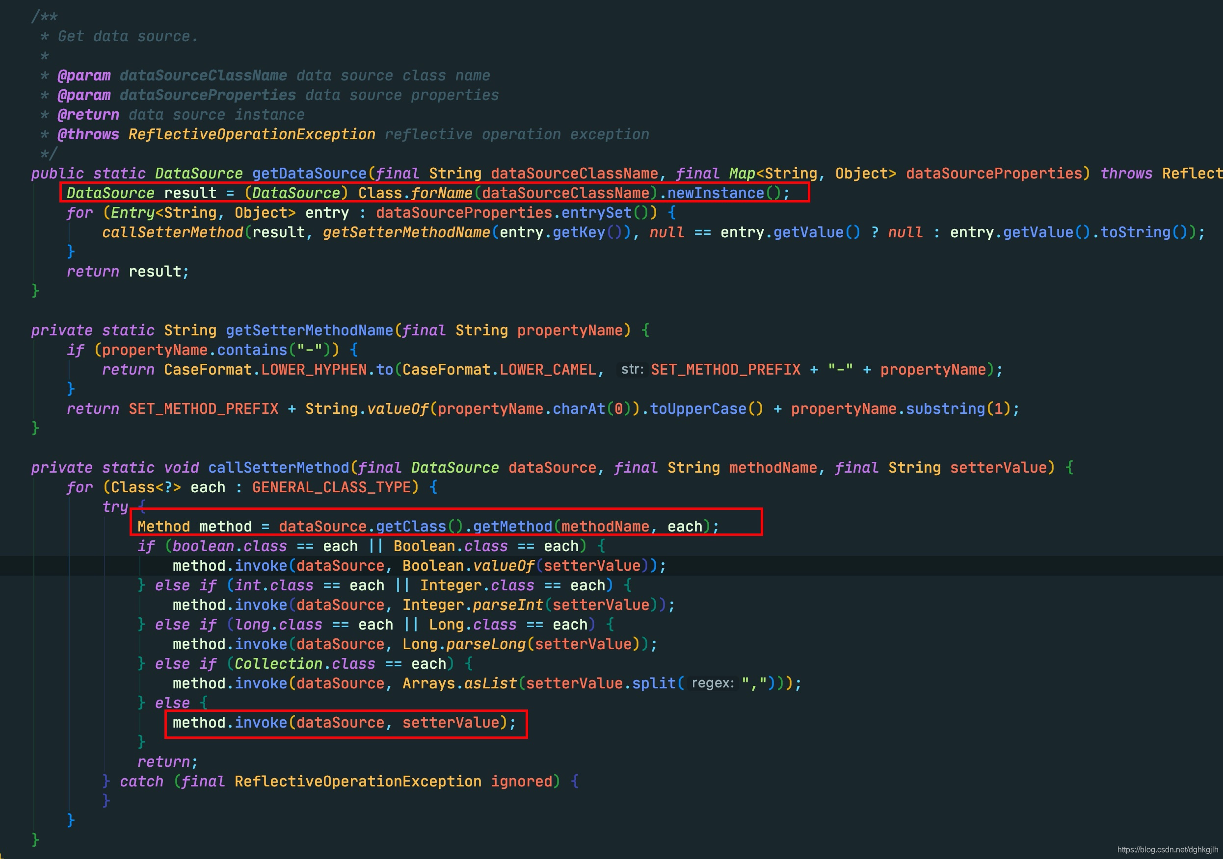 DataSourceUtil instantiating data sources through reflection and applying properties through setters