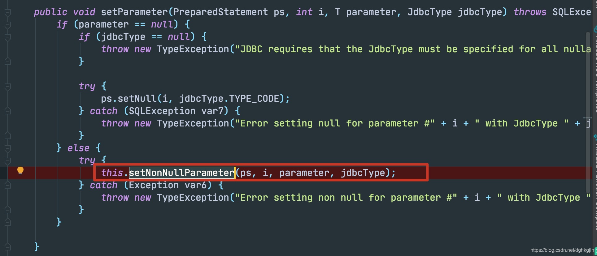 BaseTypeHandler.setParameter calling the type handler's setNonNullParameter
