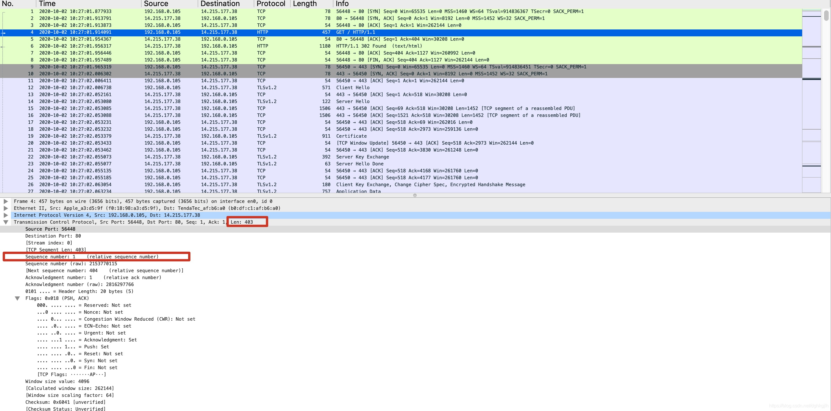 Wireshark 中握手后的 HTTP 请求及 403 字节数据长度