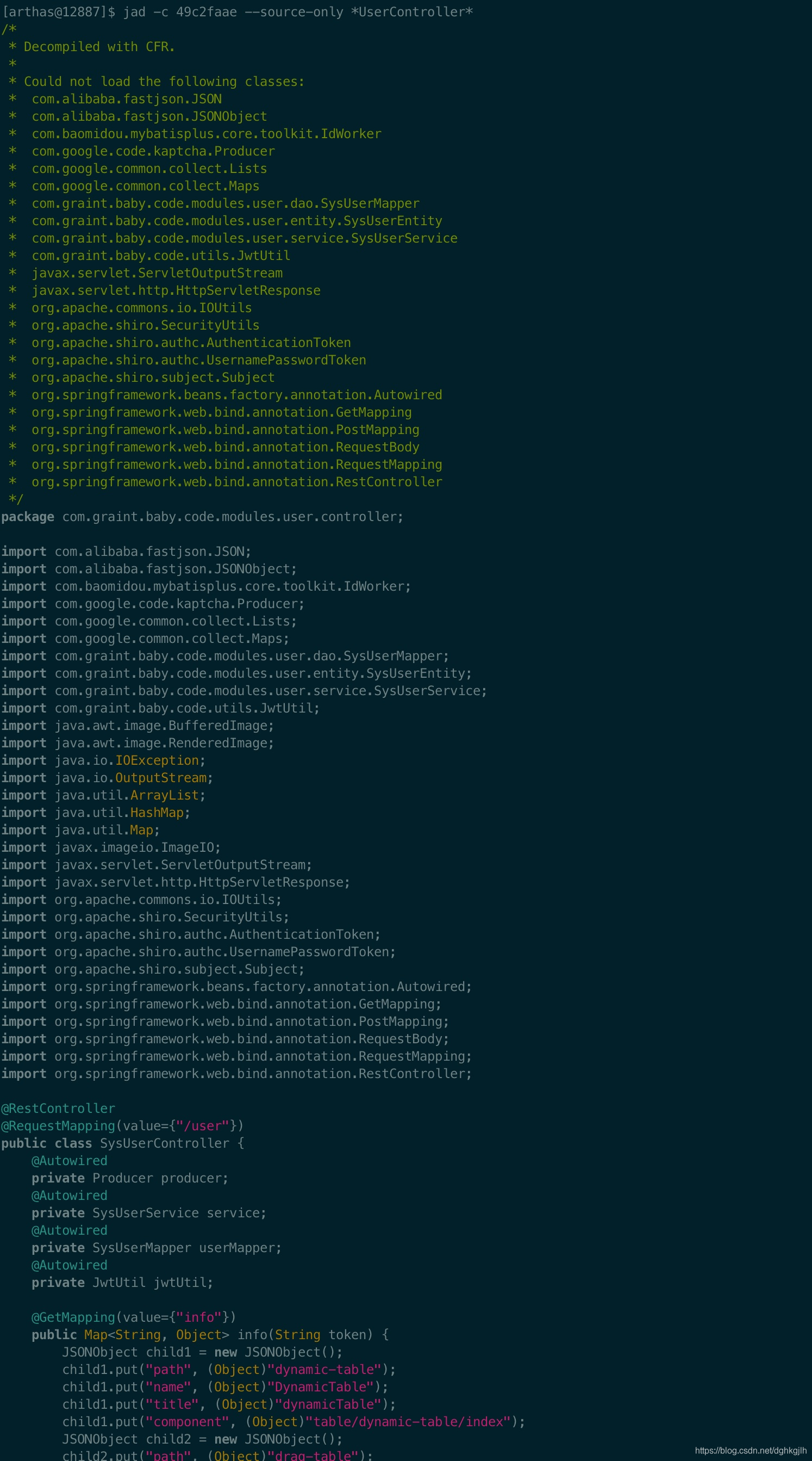 Arthas jad 命令反编译得到的 SysController Java 源码