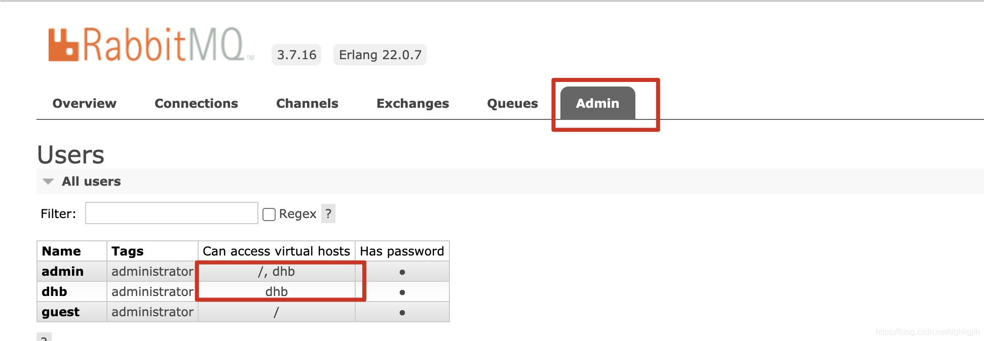 RabbitMQ 管理台 Admin 页面列出用户
