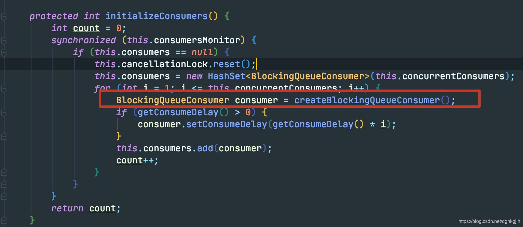 initializeConsumers 创建 BlockingQueueConsumer 实例