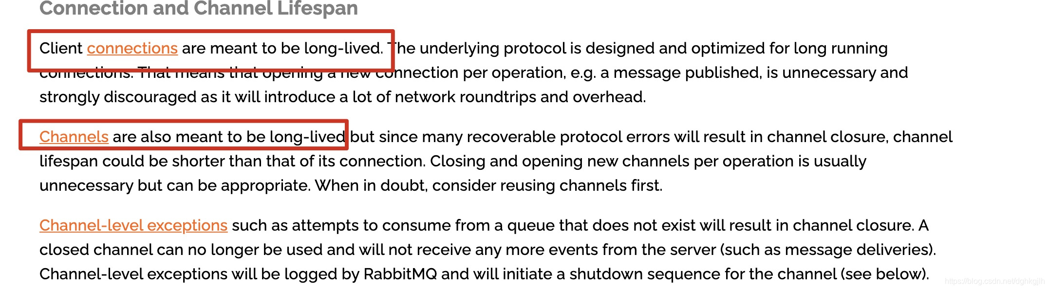 RabbitMQ 文档说明 connection 与 channel 都应长期复用