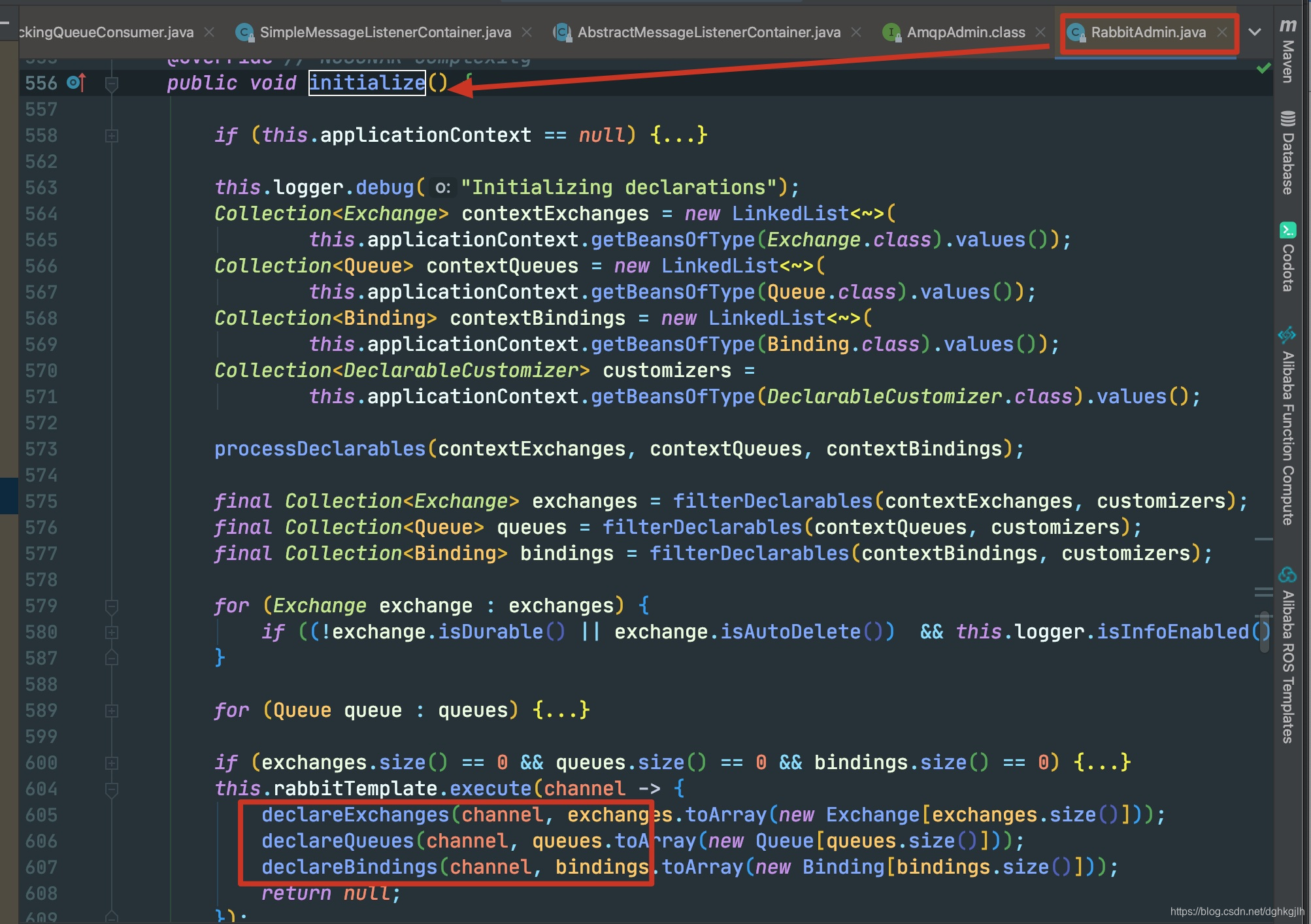 RabbitAdmin.initialize 收集并声明 Exchange、Queue 和 Binding