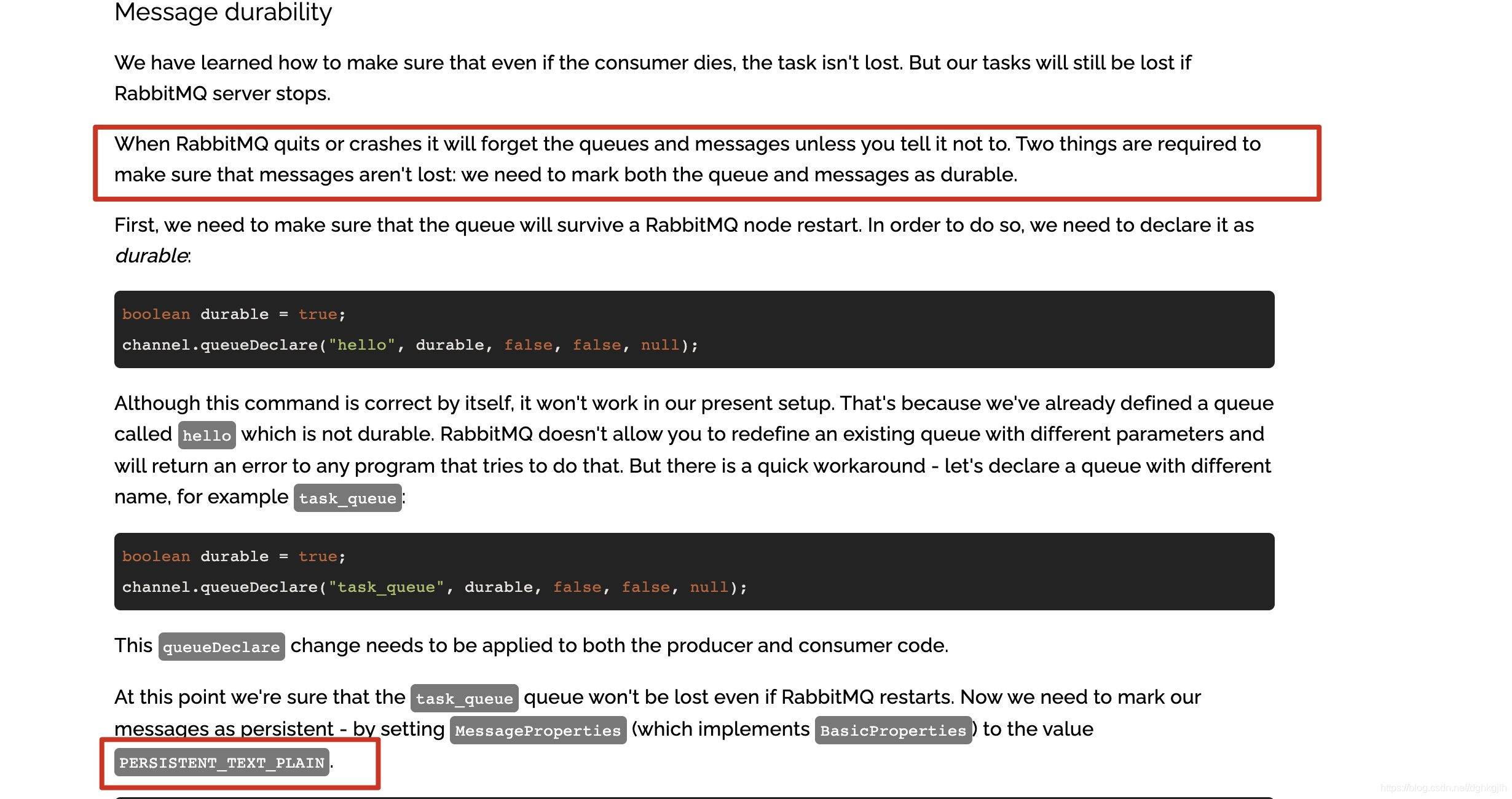 RabbitMQ 教程中声明持久队列并设置消息持久化的示例
