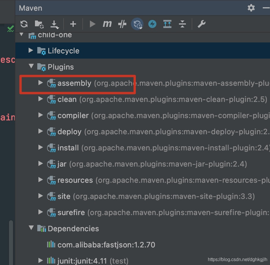 IDEA Maven plugin list showing the assembly plugin after configuration is corrected