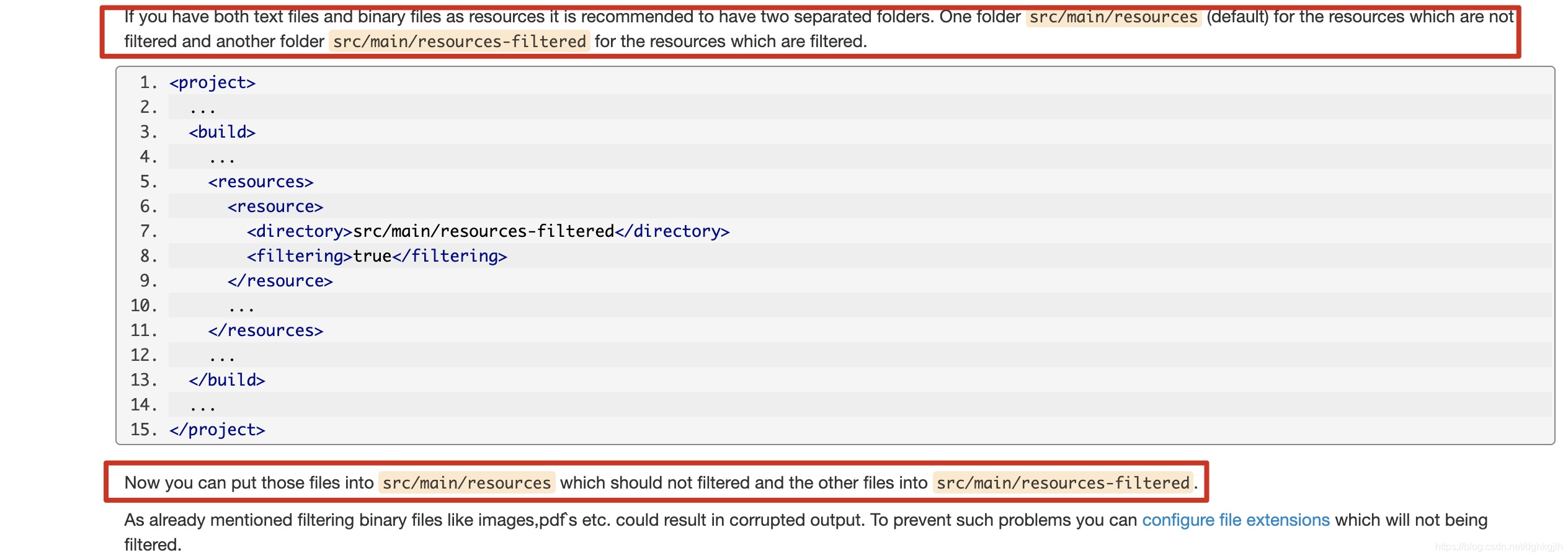 Maven documentation recommending a separate directory for filtered resources