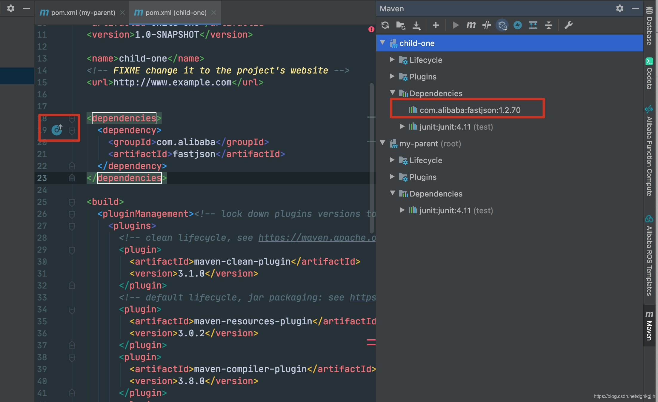 Child POM using the parent-managed fastjson version without specifying a version
