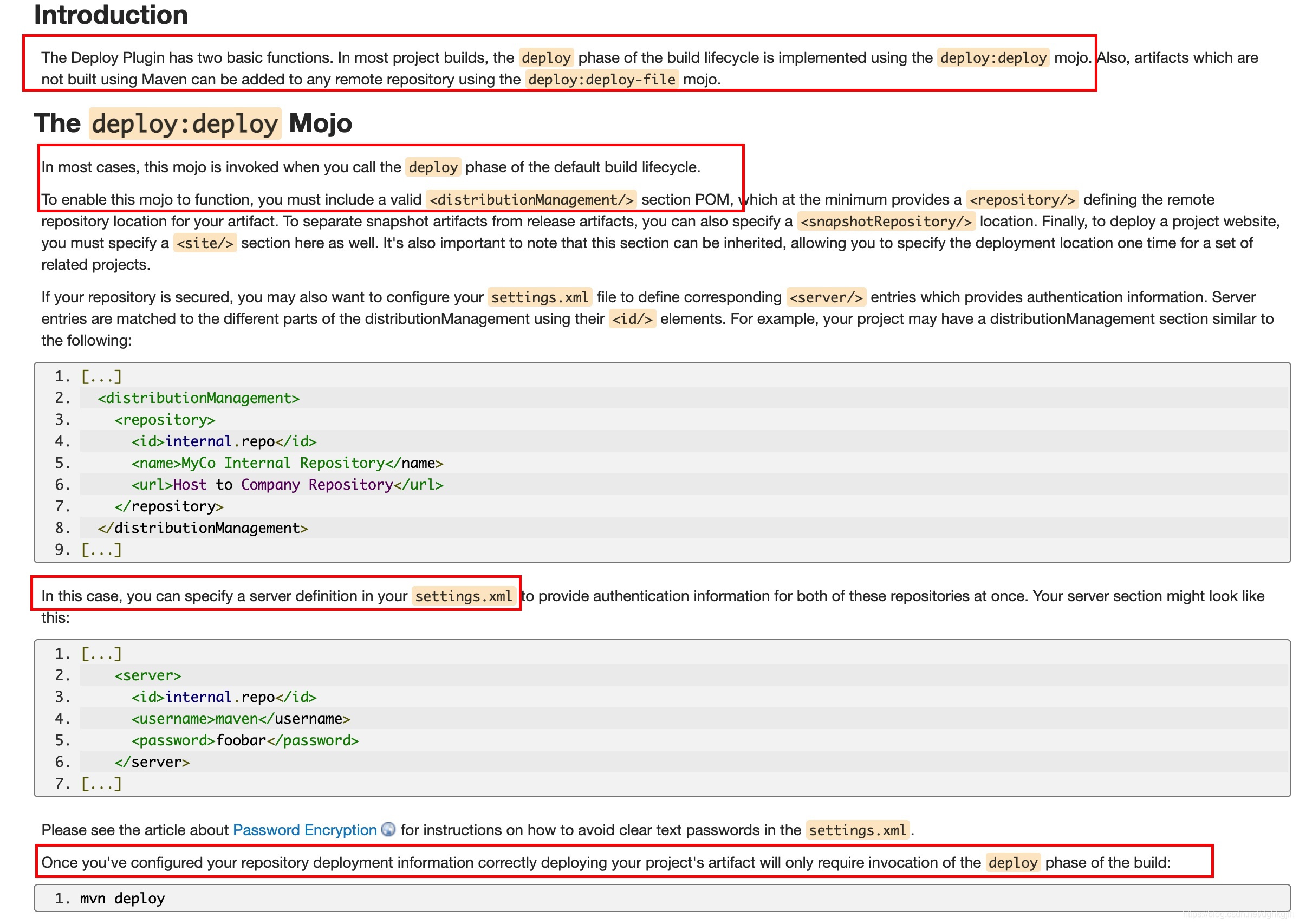 Repository and server configuration requirements in Maven Deploy Plugin usage documentation