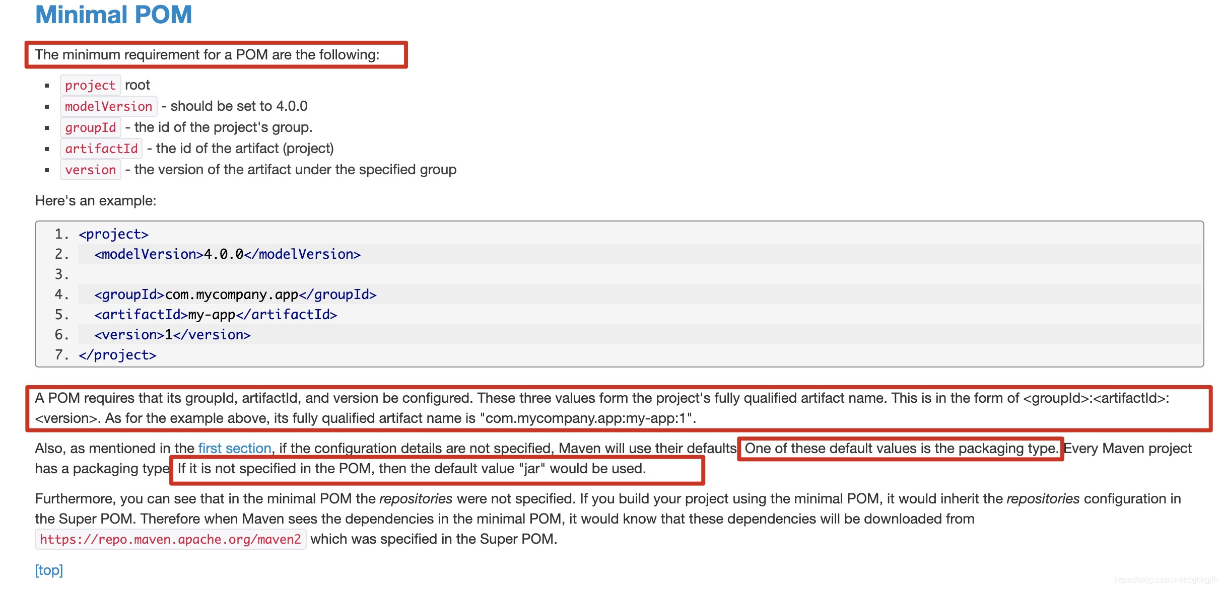 Maven Minimal POM documentation describing coordinates and default packaging