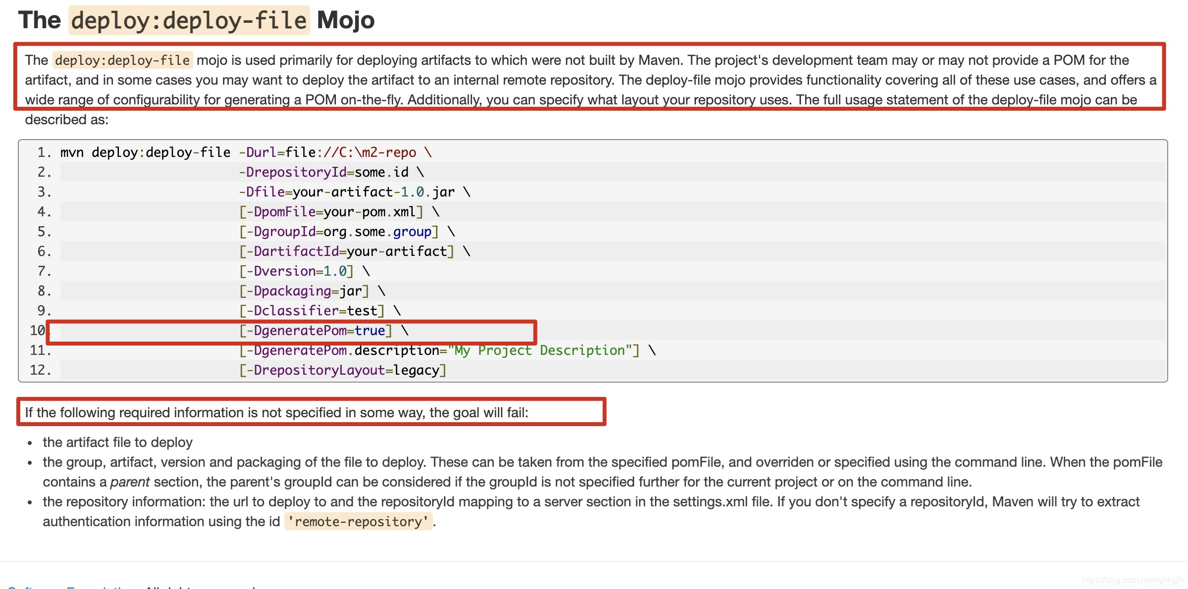 deploy:deploy-file parameter example for uploading a third-party JAR and generating a POM