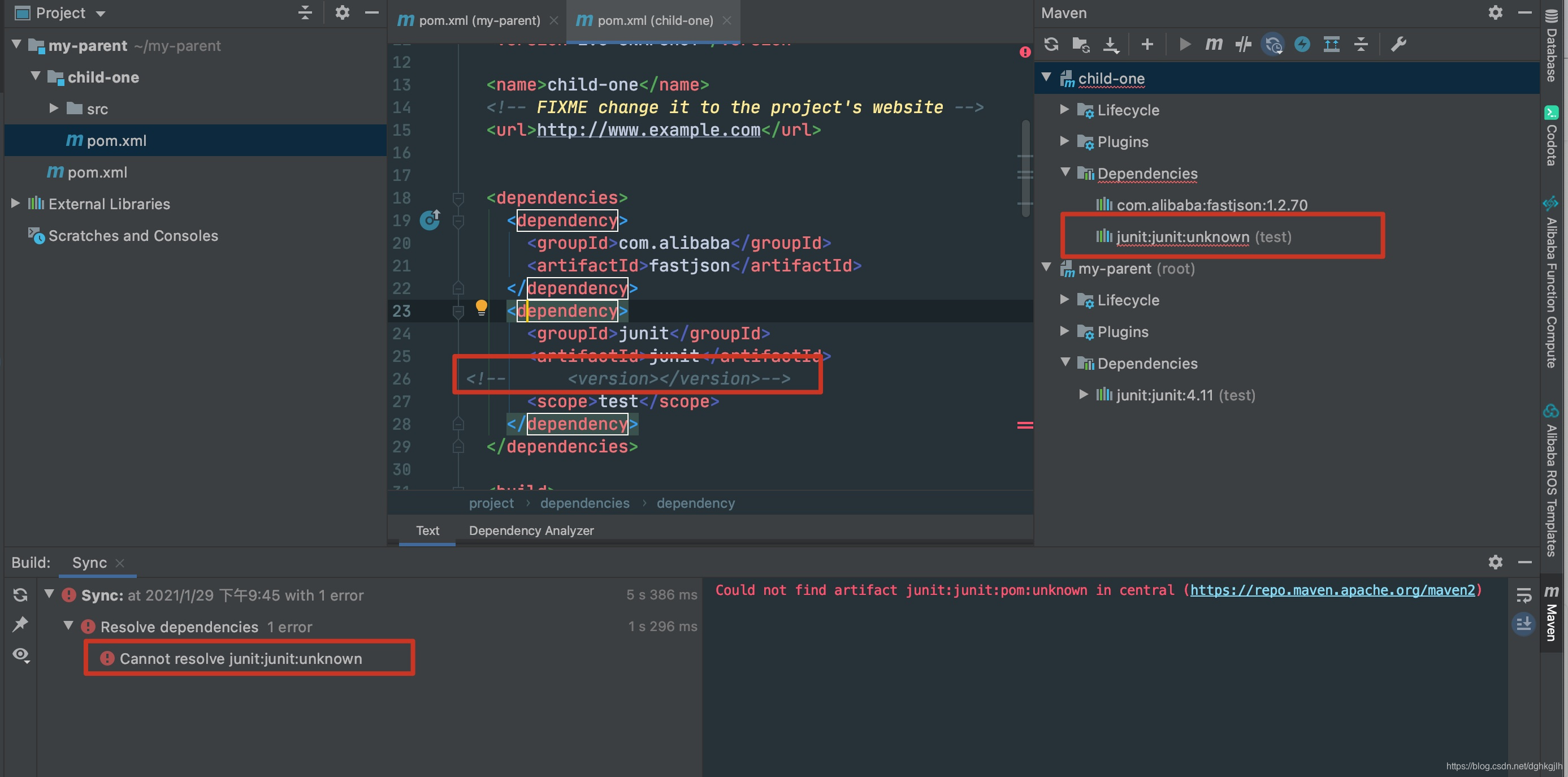 IDEA showing an unknown dependency error when its version is omitted in the child POM