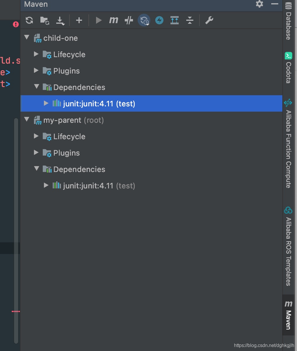 IDEA showing the child module's inherited JUnit dependency without automatically adding fastjson