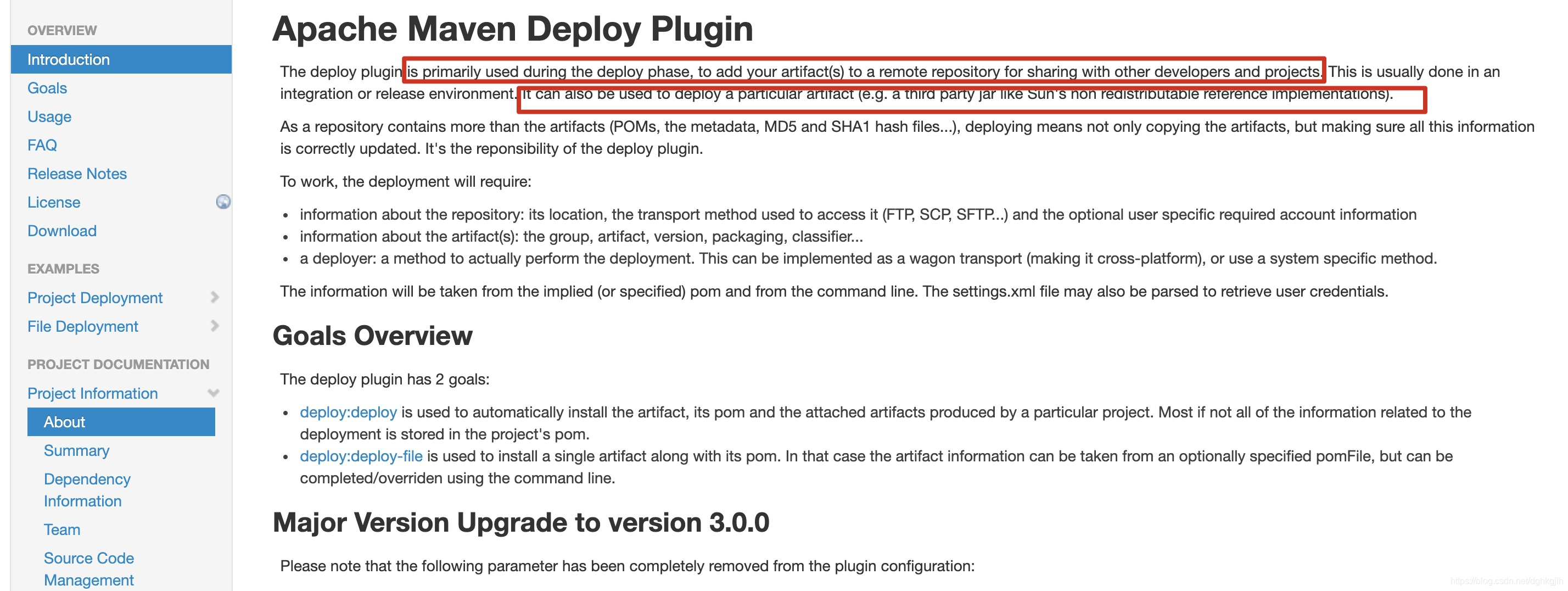 Maven Deploy Plugin page describing the deploy and deploy-file goals