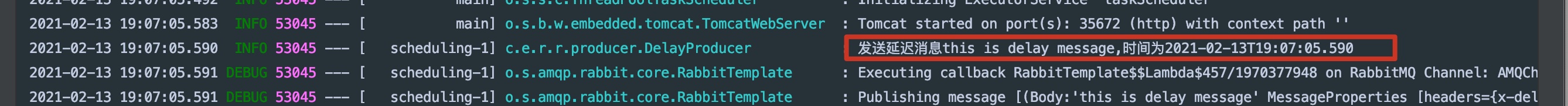 Spring AMQP startup logs showing delayed exchange and queue declarations