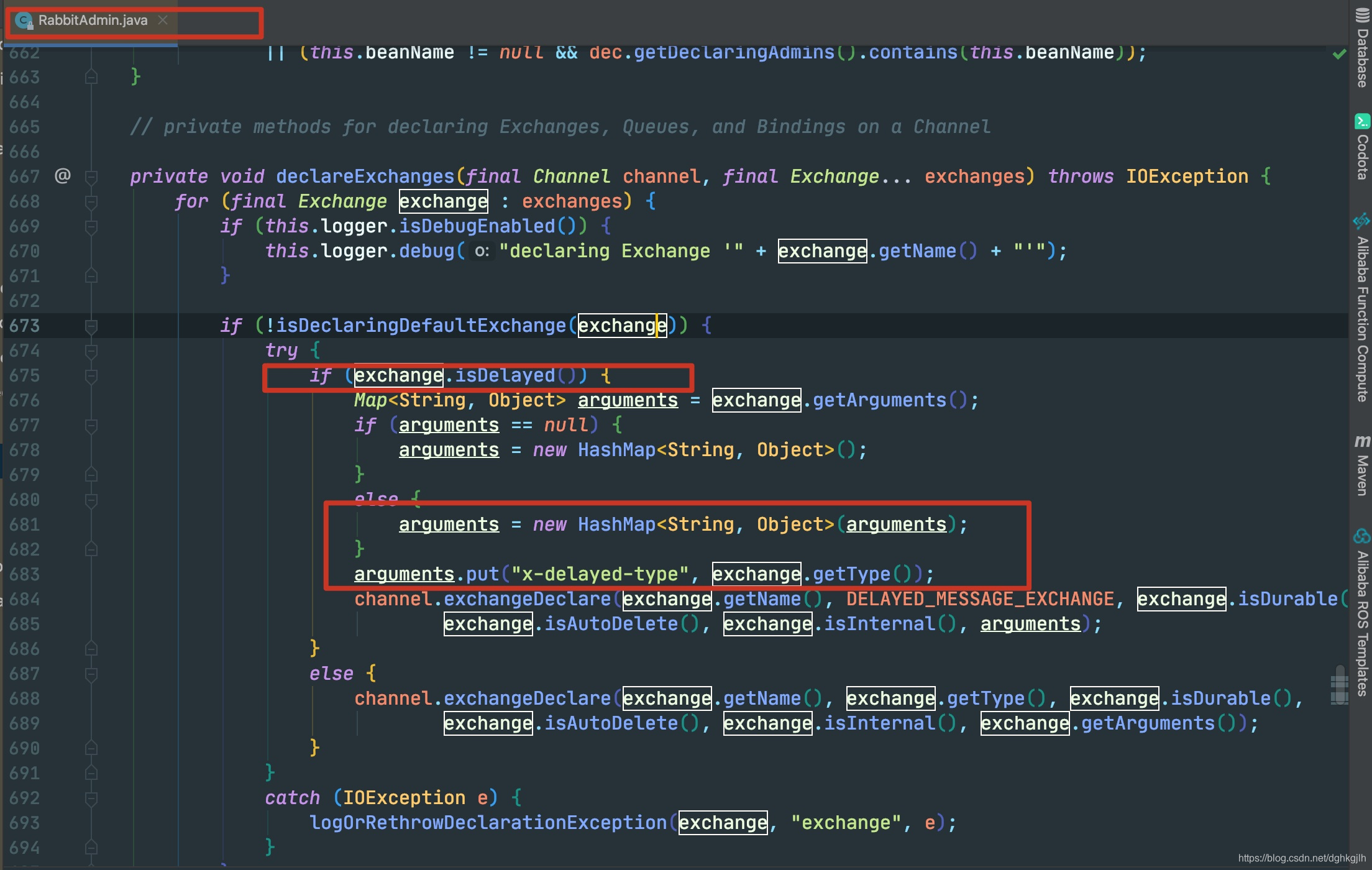 RabbitAdmin source declaring a delayed Exchange as x-delayed-message