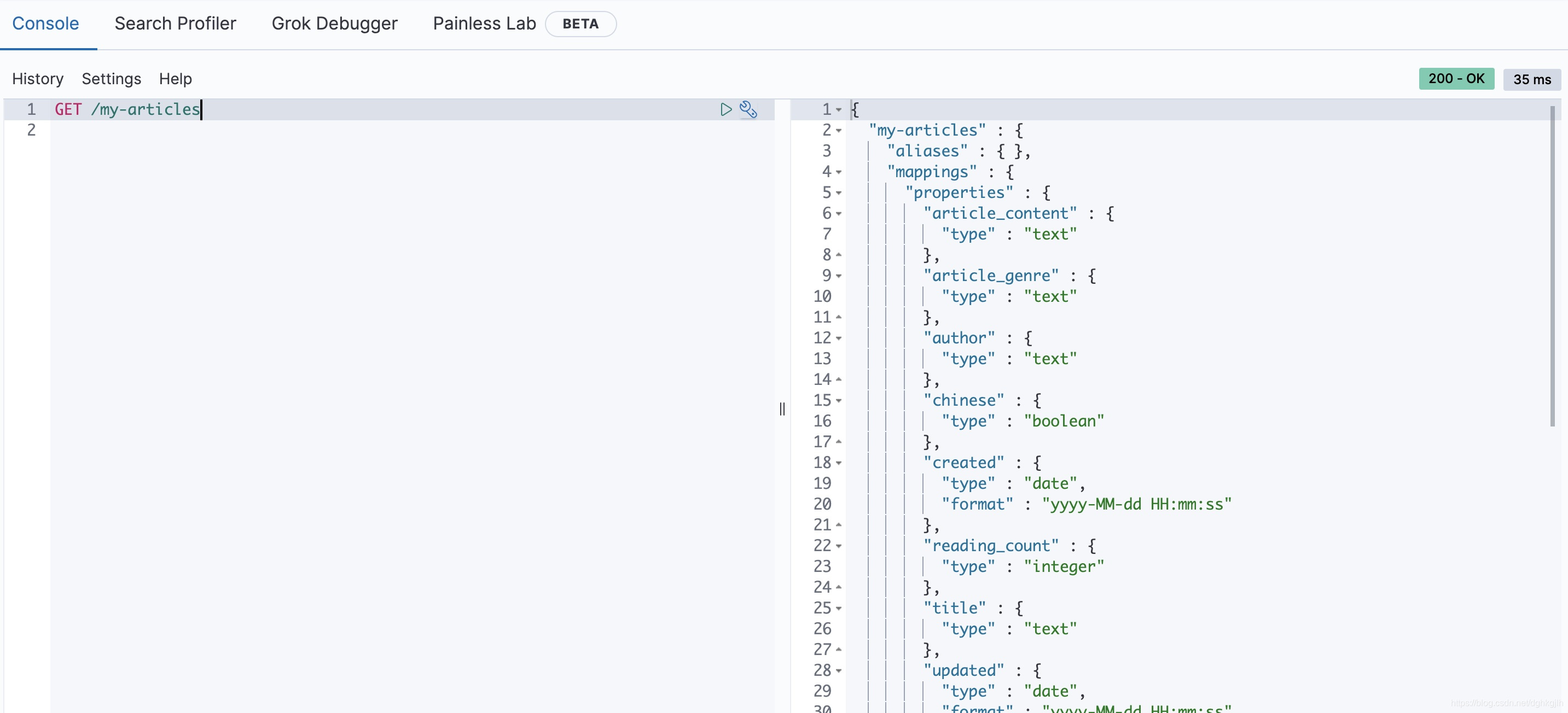 Kibana Dev Tools 查询 Elasticsearch 索引及其 mappings