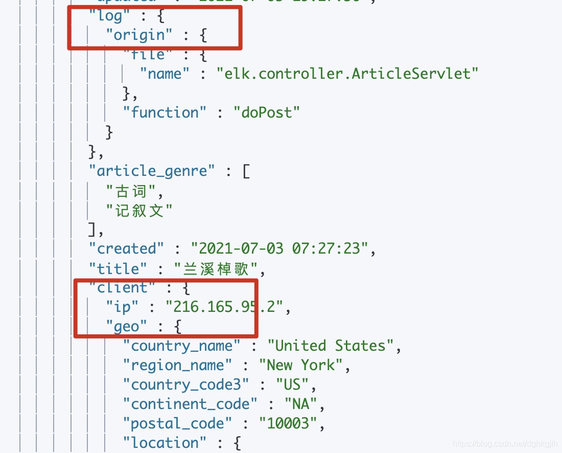 Elasticsearch 文档中的嵌套 origin、article 和 client.geo 字段