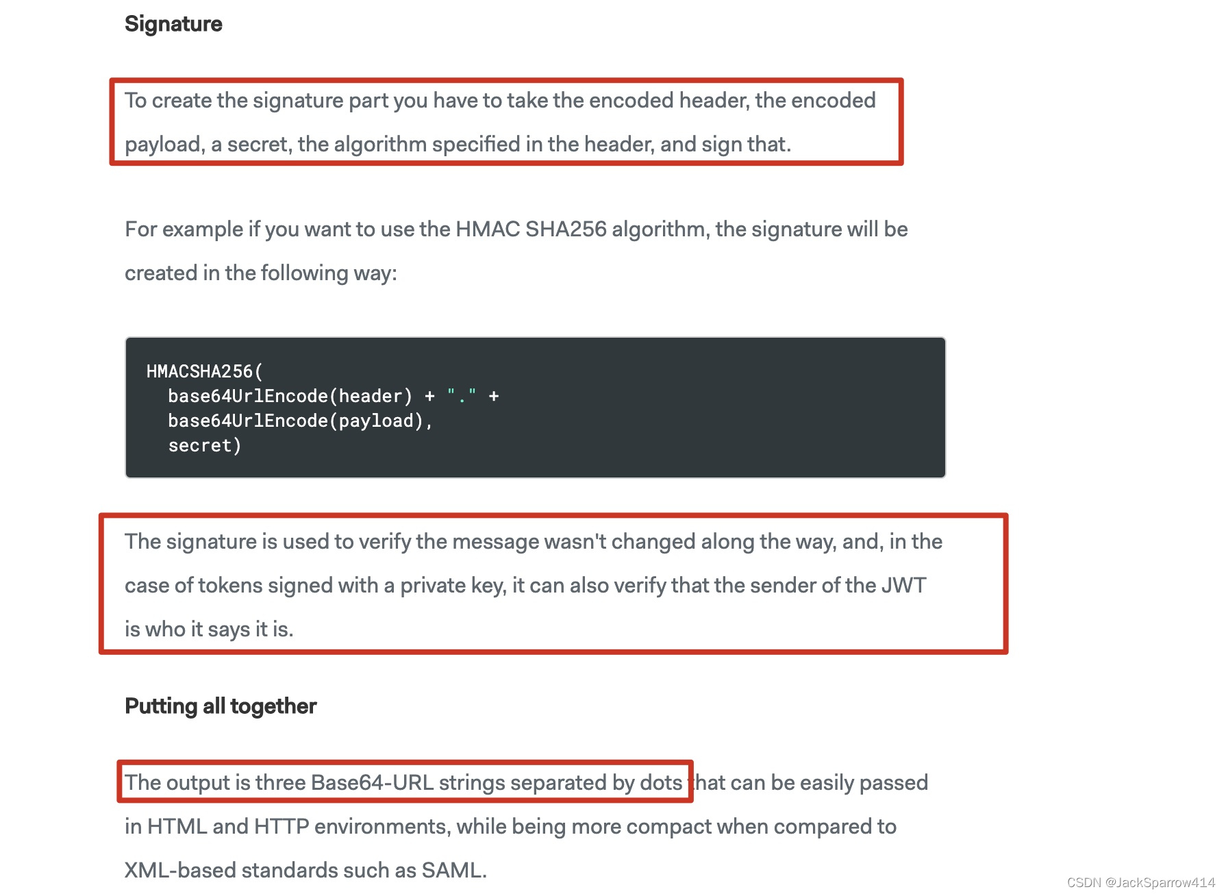 JWT 签名由编码后的 Header、Payload 和密钥生成的说明