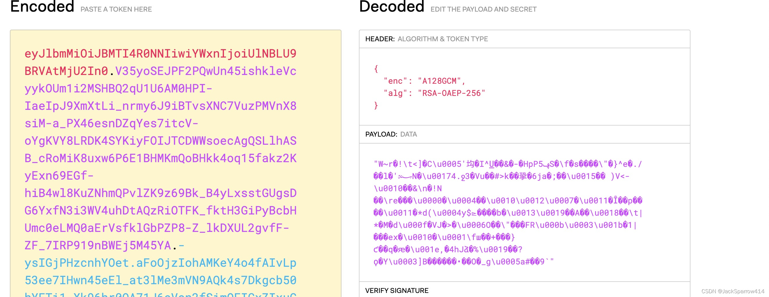 加密 JWT 的编码与解码视图,Payload 内容无法直接读取