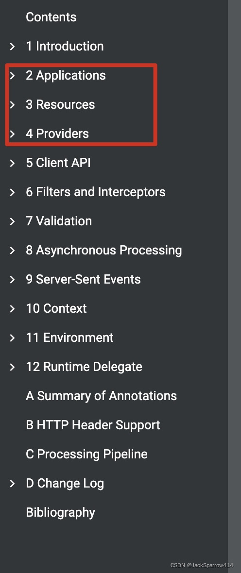 Applications, Resources, and Providers chapters in the JAX-RS specification contents